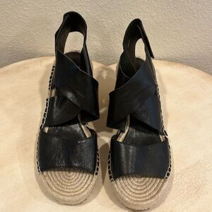 - Eileen Fisher Black Willow Leather Espadrille Wedge Sandals Size 7